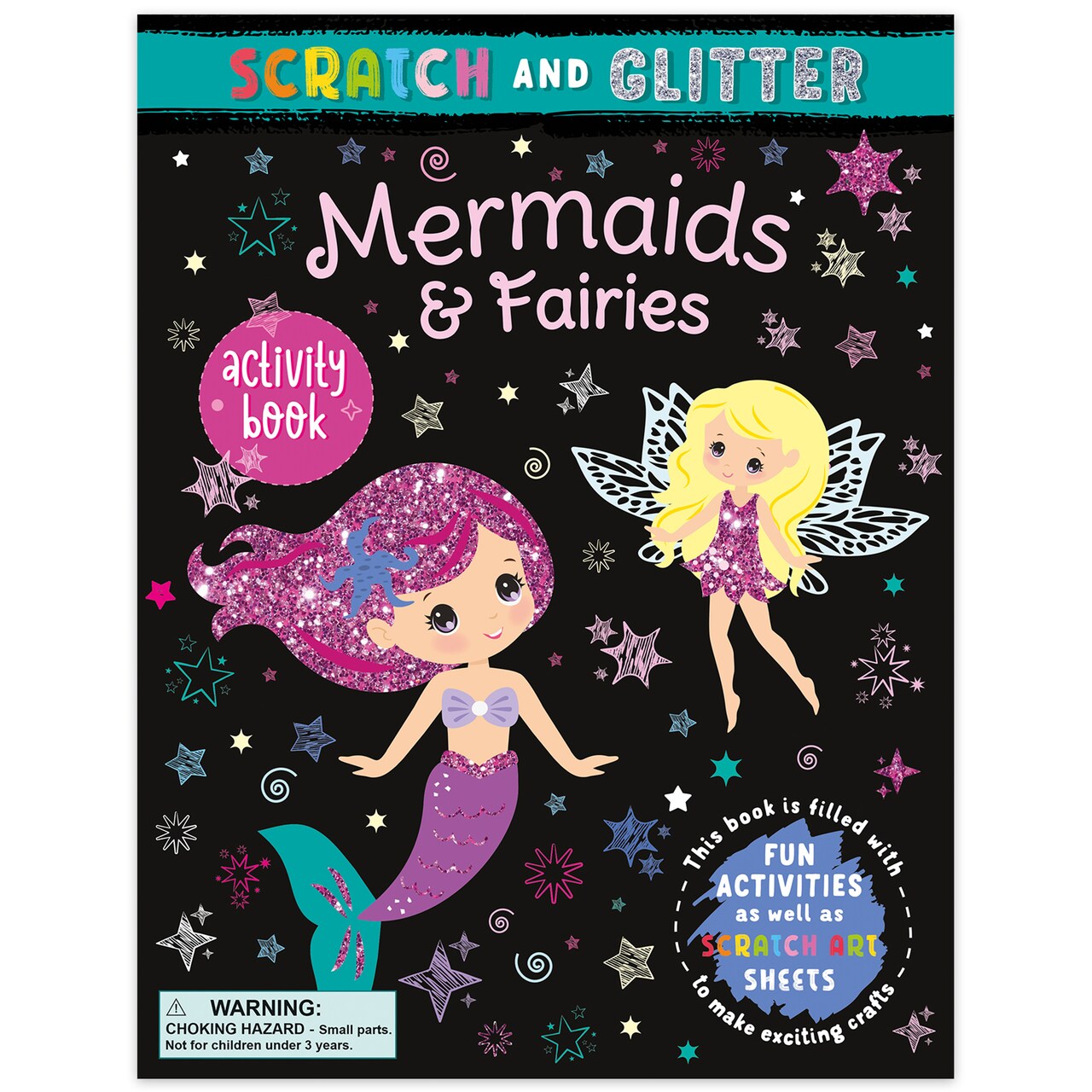 book 'n' app: Scratch & Glitter Activity Book - Mermaids & Fairies - 28pgs, 4 Holographic Scratch Art Sheets, Fantasy Craft Play, Wood Stylus, Kids 4+